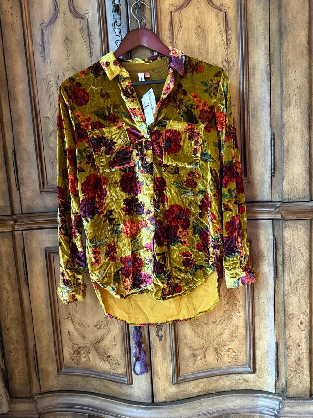 PILCRO Velvet Floral Button-Down in Mustard with Red & Purple Accents